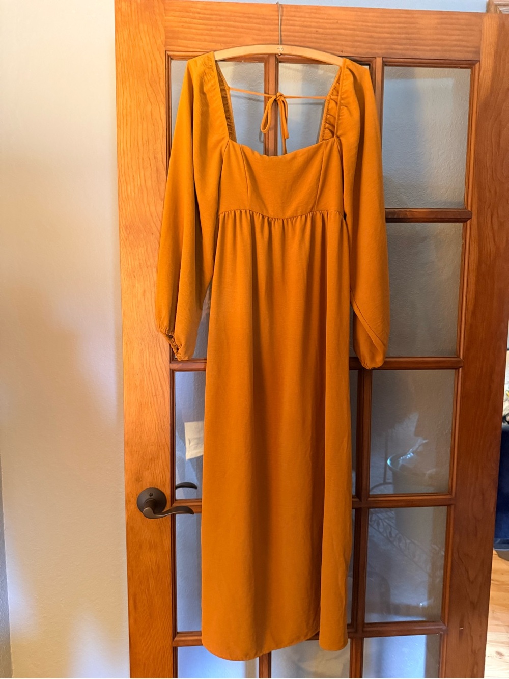 Women's Mustard Long Sleeve Midi Dress with Tie Back